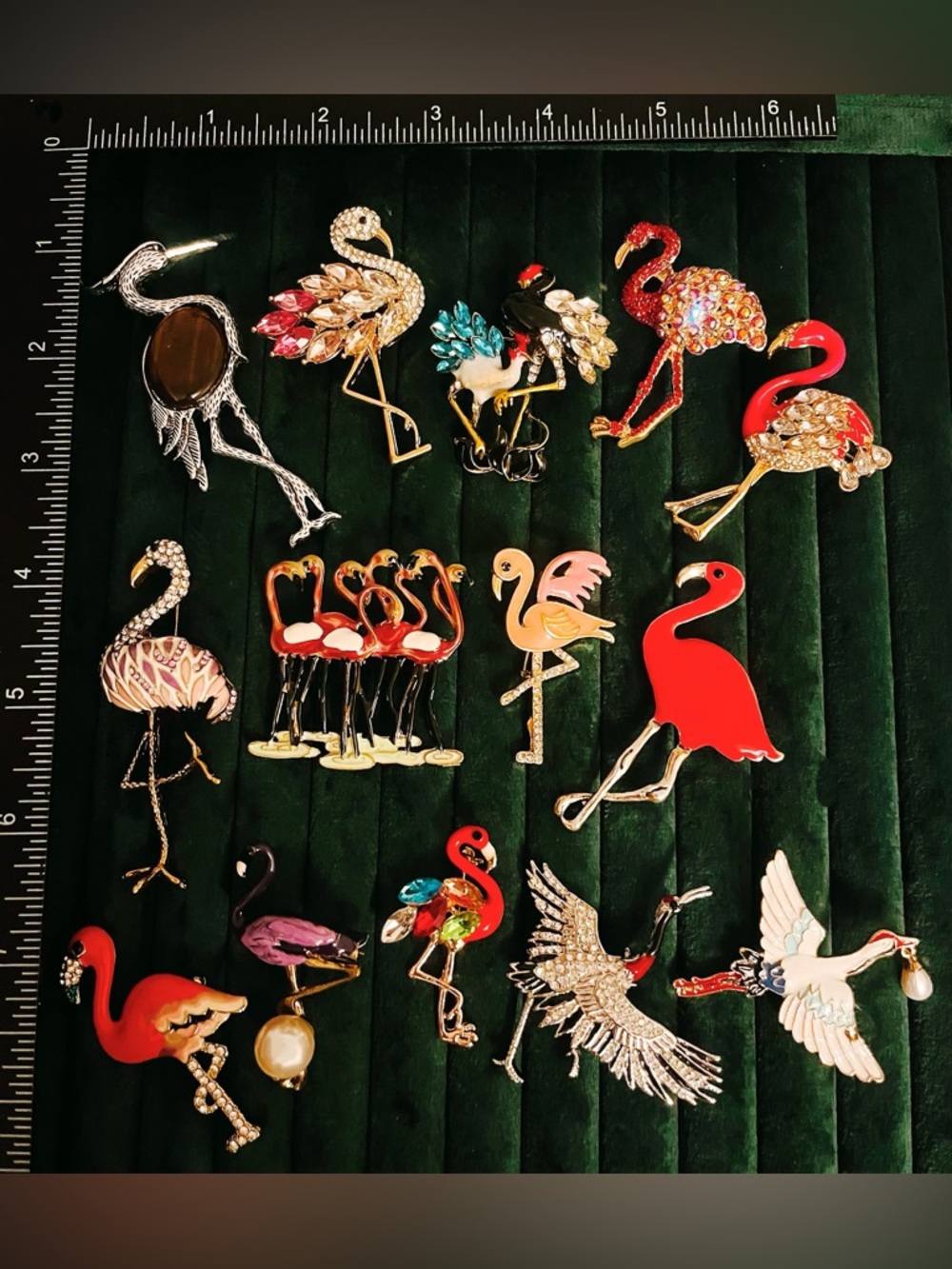 Lot of 14 Flamingo Brooches Crystal Rhinestone Enamel Animal Bird Pins
